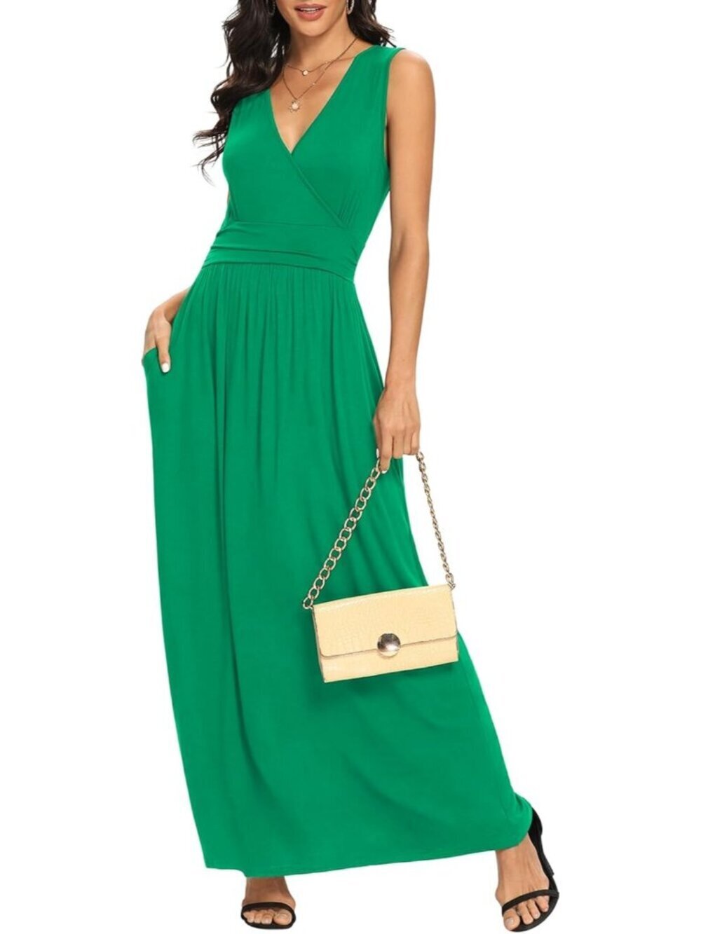 Lilbetter Women's Green Sleeveless Deep Neck Loose Plain Long Maxi Casual Dress